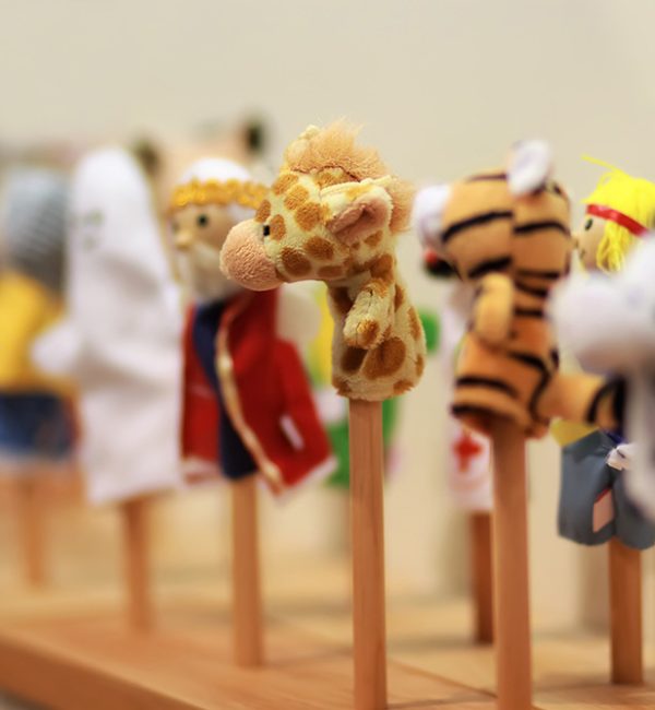 Toy puppets on wooden sticks for preschool nursery theatre. Pupp